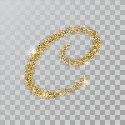 Gold glitter powder letter C in  hand painted style.