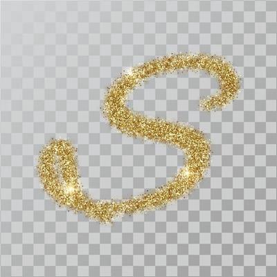 Gold glitter powder letter S in  hand painted style.