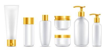 Cosmetic package mockup bottles products set. vector