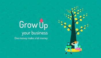 Two men are making money online trading under the money tree they are planting. vector illustration eps10