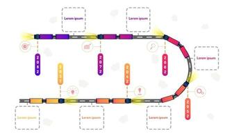 truck running roadmap timeline elements with markpoint graph think search gear target icons. vector illustration eps10