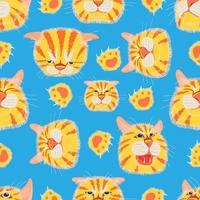 seamless pattern set of different element cat head funny and cute emotion and footprint. vector illustration eps10