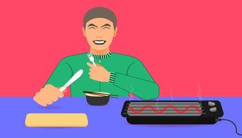 for your food promotion. a man happy while eating meal recommended. on left hand holding a spoon and a knife on right hand. vector