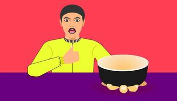 espacio libre en la taza para su promoción de alimentos. un hombre muestra una vajilla para la comida recomendada. ilustración vectorial eps10 vector