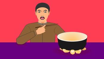 espacio libre en la taza para su promoción de alimentos. un hombre muestra una vajilla para la comida recomendada con la mano izquierda y la derecha sosteniendo los palillos. ilustración vectorial eps10 vector