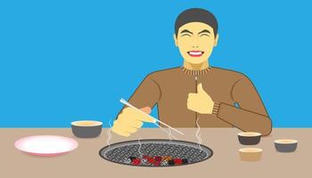 a man happy while eating meal recommended and acting give a like on left hand and right holding the chopsticks. vector illustration eps10