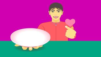 espacio libre en el plato para su promoción de alimentos. un hombre muestra un artículo y da una mano con un corazón pequeño para la comida recomendada. ilustración vectorial eps10 vector