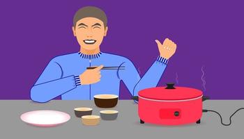 a man happy while eating meal recommended and acting give a like on left hand and right holding the chopsticks. vector illustration eps10