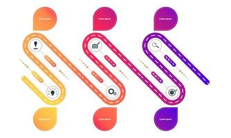 elementos de la línea de tiempo de la hoja de ruta de forma biselada con gráfico de puntos de marca, piense en los iconos de destino del engranaje de búsqueda. ilustración vectorial eps10 vector