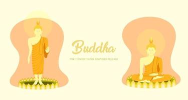 the monks sitting and standing on lotus base for pray concentration composed release. pastel color background. vector illustration eps10