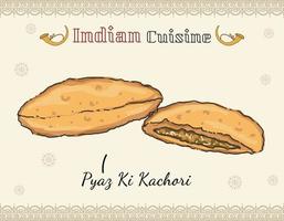 cocina de plato indio garabateado con bocadillo frito relleno de cebolla llamado pyaaz kachori ilustración vectorial vector