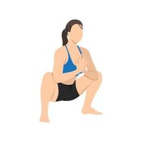 mujer haciendo garland pose malasana ejercicio. ilustración vectorial plana aislada sobre fondo blanco vector