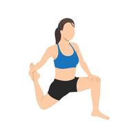 mujer haciendo ejercicio de estiramiento cuádruple de estocada baja anjaneyasana. ilustración vectorial plana aislada sobre fondo blanco vector