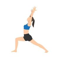 Woman doing warrior I pose virabhadrasana exercise. Flat vector illustration isolated on white background