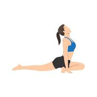 mujer haciendo pose de paloma, también conocido como ejercicio pada rajakapotasana. ilustración vectorial plana aislada sobre fondo blanco vector