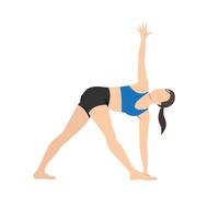 mujer haciendo ejercicio de trikonasana parivrtta pose de triángulo girado. ilustración vectorial plana aislada sobre fondo blanco vector