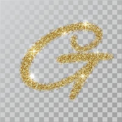 Gold glitter powder letter G in  hand painted style.