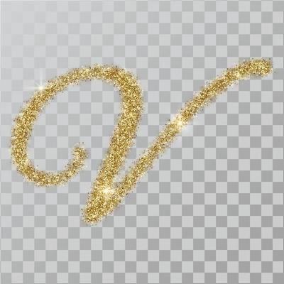 Gold glitter powder letter V in  hand painted style.