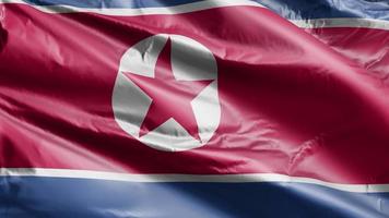 Nordkoreas flagga vajar långsamt på vindslingan. nordkoreansk banderoll svajar mjukt på vinden. full fyllning bakgrund. 20 sekunders loop. video