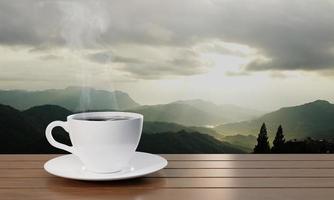 Black coffee In a white coffee mug there is smoke or white steam rising up. Hot espresso on a wooden table for breakfast The background is a mountain scenery. The morning sun is rising. 3D rendering photo