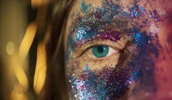 primer plano del ojo de una mujer hermosa hecho con partículas azules y púrpuras contra un fondo oscuro sin foco foto