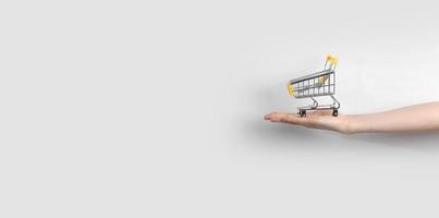 Hand holding shopping cart on a light background. Concept of buy shopping cart, online shopping, shopping. Banner photo