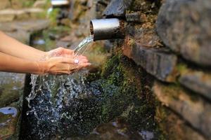 mujer recoja agua pura en la palma de la mano de la fuente en la pared, sosténgala y bébala. Mano femenina sacando agua de manantial de la piedra en el bosque foto