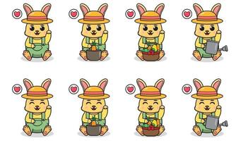 Vector Illustration of Cute Rabbit with Farmer costume siting and hand up pose.