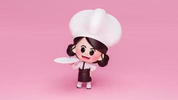linda chica chef en uniforme sujetando la placa mascota de la cocinera del restaurante sobre fondo rosa renderizado 3d foto