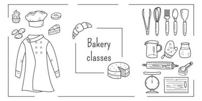 Bakery classes or courses banner background. Chef uniform, pastries, desserts and kitchen utensils. Hand drawn vector doodle illustration
