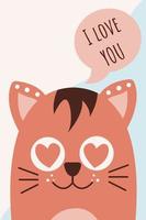 Valentine's day card with cute cat in love and I love you phrase in speech buble. Vector cartoon illustration for poster, postcard, print