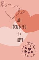 Valentine's day card with two hearts, romantic symbols and All you need is love text. Vector illustration in doodle outline style