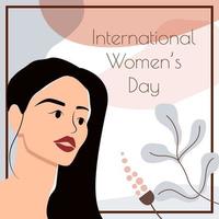 Happy Women's Day, 8 march greeting card template. Smiling asian lady and flowers. Vector illustration for poster, flyer, social media post etc