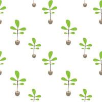 Green tree seedling with roots and soil. Young green plant to be planted in the ground. Planting material seamless pattern on white background. Vector texture