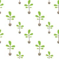 Green tree seedling with roots and soil. Young green plant to be planted in the ground. Planting material seamless pattern on white background. Vector texture