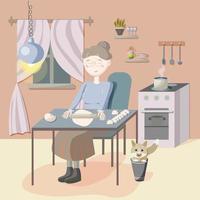 Senior woman in kitchen sits at table and rolls out dough. She sculpts dumplings, her playful cat is sitting next to her in  bucket. Vector illustration in cartoon style