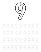 Trace number 9 worksheet for kids and preschool with tracing guide vector