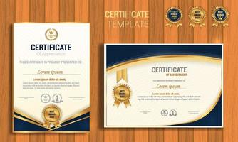 Certificate of appreciation template, gold and blue color. Clean modern certificate with gold badge. Certificate border template with luxury and modern line pattern. Diploma vector template