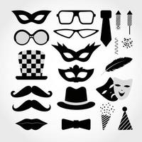 Black Icons Carnival on White Background. Vector illustration. Signs and Symbols. Fun Hats and glasses, Masks, lips, tie, firecracker rocket, feather, mustache. Decorative elements for logo, flyer