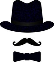 Black masquerade hat, mustache, bow tie. Isolated objects. Gentleman icon set. Vector illustration. Decorative element for logo, print, flyer