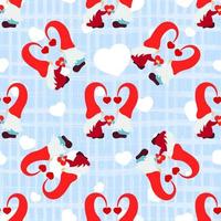 Seamless pattern with gnome couple, heart, texture square stripeson blue. Love background. Valentines day holiday concept. For scrapbooking, wallpaper, paper for gift, print fabric Vector backdrop