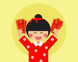 Happy Chinese new year concept. Girl holds Chinese lucky red pockets. vector