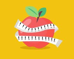 Diet and Healthy life loss weight concept. There are red apple and measuring tape in cartoon vector for your design