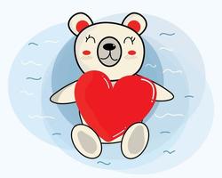 Cute white bear with smile and big red heart shape in the water, vector