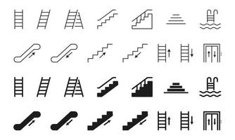 Set of Stairs Line and Silhouette Icon. Collection Staircases Outline Icon. Elevator, Ladder, Stairway, Escalator, Pool Stair Linear Pictogram. Isolated Vector Illustration.