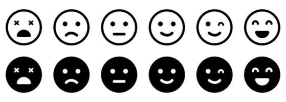 Emoticons Line and Silhouette Icon Set. Positive, Happy, Smile, Sad, Unhappy Faces Pictogram. Simple Emoji Collection. Customers Feedback Concept. Good and Bad Mood. Isolated Vector Illustration.