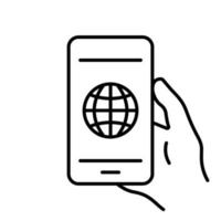 Internet Connection on Mobile Phone Line Icon. Smartphone in Hand with Globe on Screen Linear Pictogram. Online Website in Cell Phone Outline Icon. Isolated Vector Illustration.