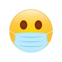 Yellow Emoji in Blue Medical Face Mask. Protection of Coronavirus Smile Sign. Emoticon in Surgical Face Mask. Emoji Corona Symbol. Isolated Vector Illustration.