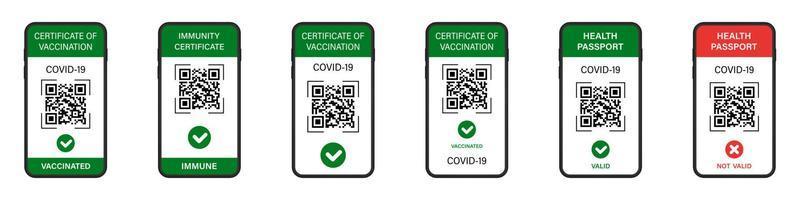 certificado de vacunación digital y pasaporte sanitario verde en la aplicación del teléfono móvil. pantalla de seguimiento en línea de pasaporte verde e inmunidad con código qr. conjunto de certificado de vacuna vectorial en smartphone. vector