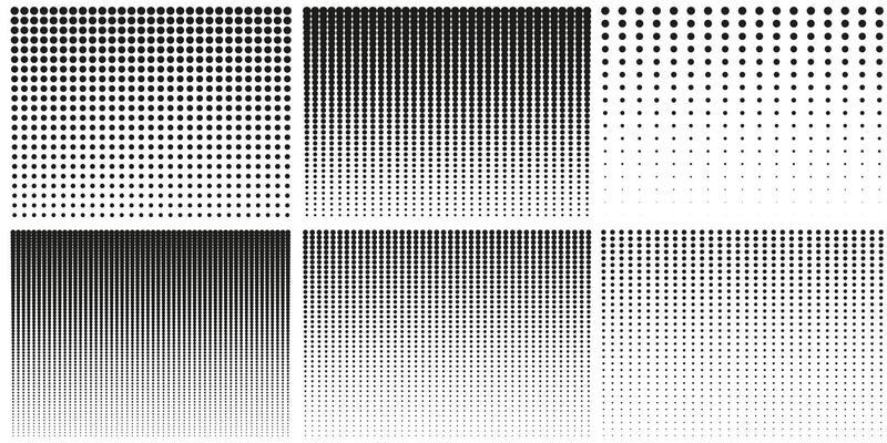 Halftone Rectangles Pictogram Set. Gradient Geometric Dots Background. Abstract Black and White Raster. Vertical Gradation Effect. Fade Half Tone. Pattern. Isolated Vector Illustration.